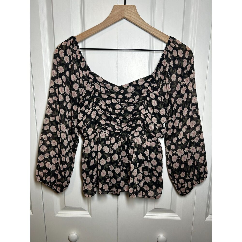 American Eagle Floral Chiffon Ruched Babydoll Top - Size S